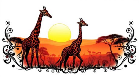 Explore the captivating fusion of traditional tattoo art and the serene beauty of the savanna at sunset. This design features