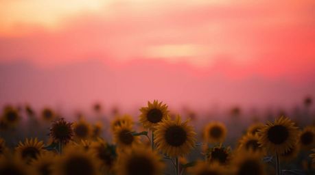 Experience the ethereal beauty of a sunflower field bathed in the soft glow of a deep red and purple sunset. This image evoke