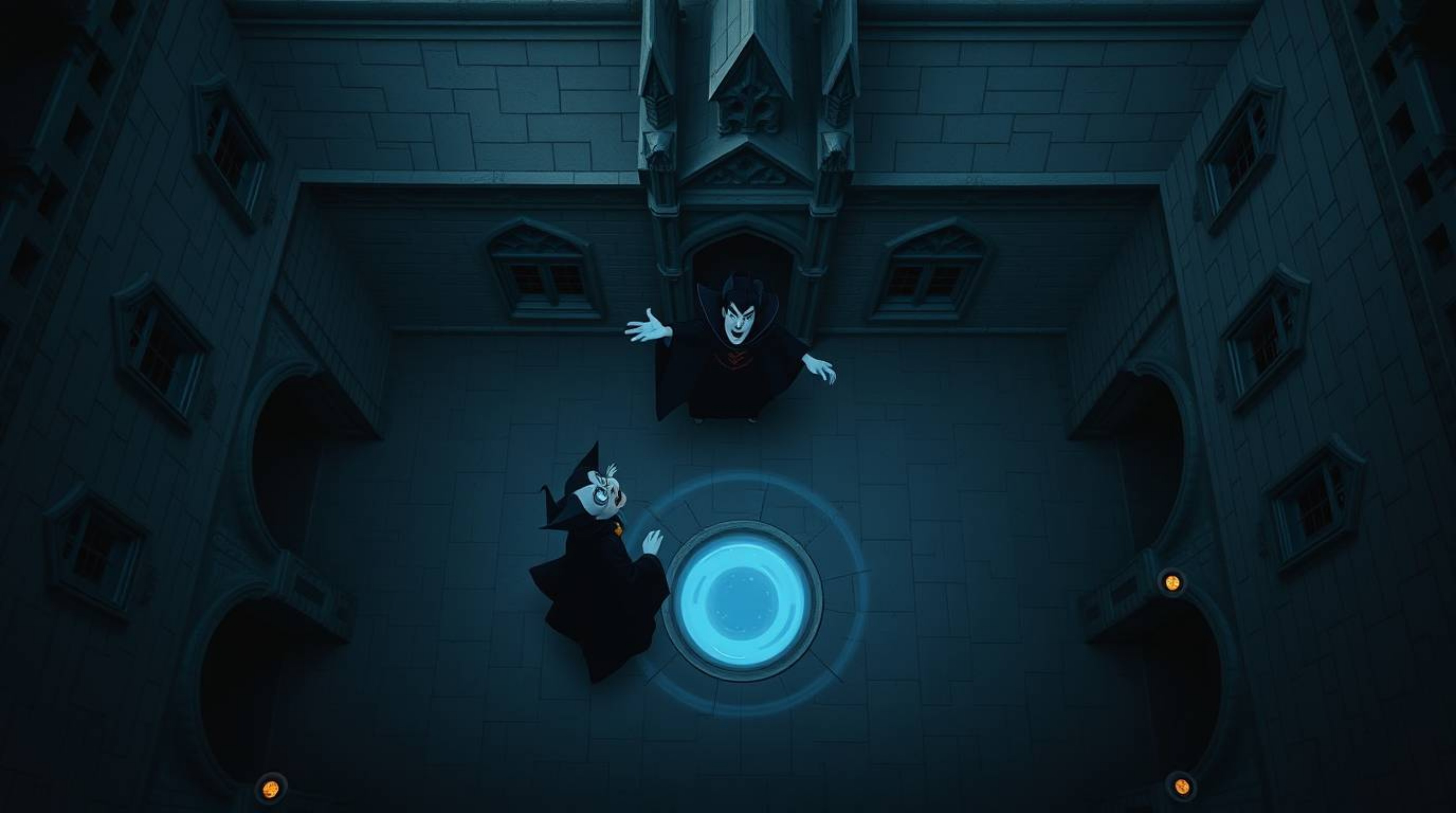 A captivating overhead shot depicts a classic Disney villain casting a powerful spell in a grand castle courtyard. The image