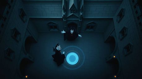 A captivating overhead shot depicts a classic Disney villain casting a powerful spell in a grand castle courtyard. The image