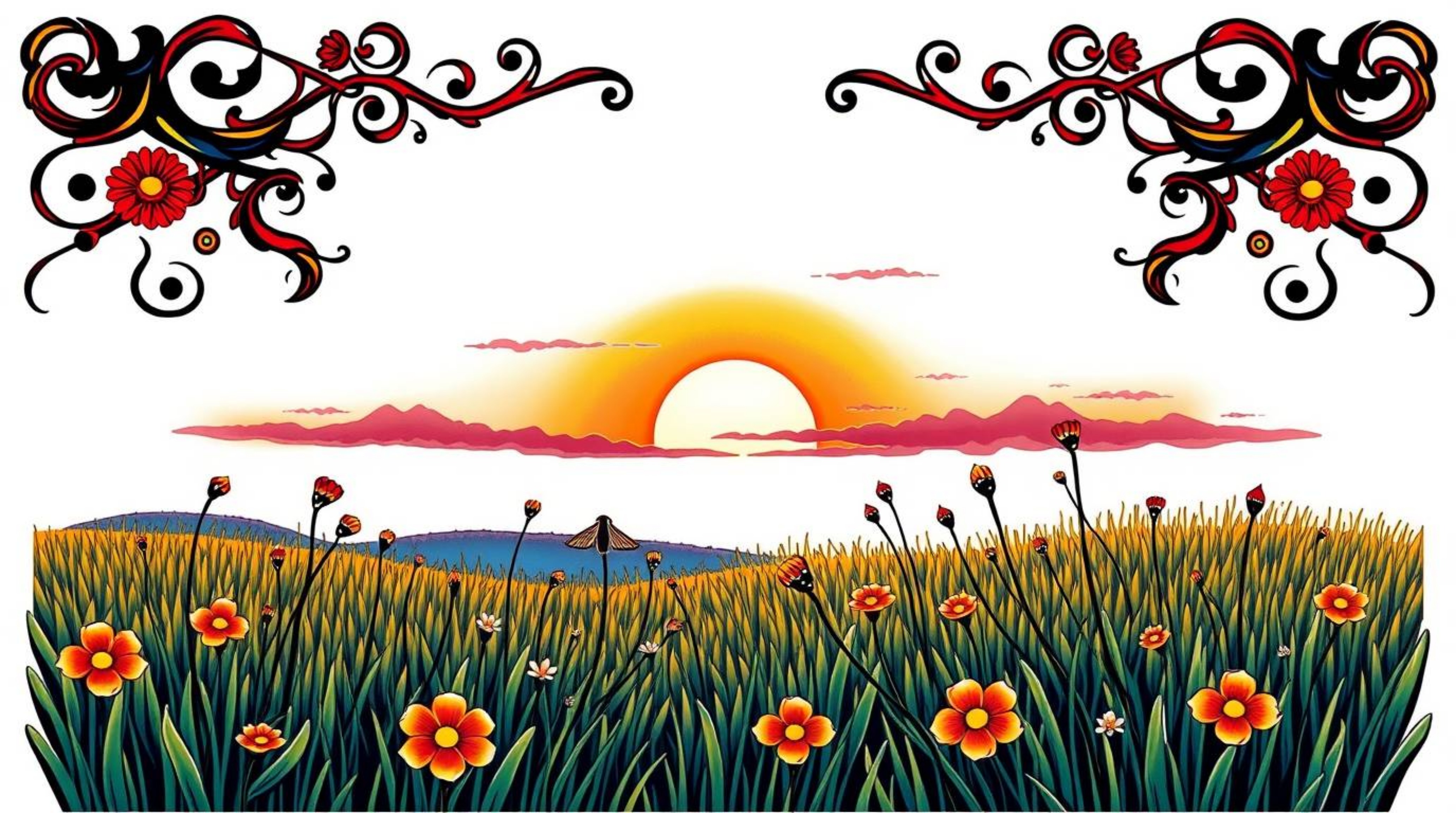 A stunning symbolic tattoo art print depicting a vibrant sunset over a tranquil meadow, with fireflies beginning to emerge.  