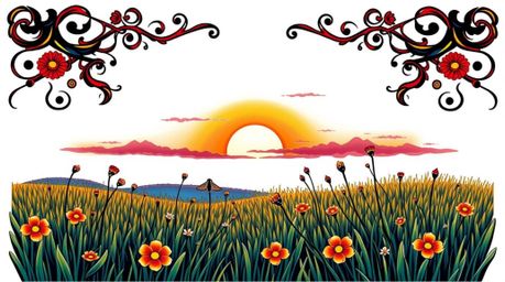 A stunning symbolic tattoo art print depicting a vibrant sunset over a tranquil meadow, with fireflies beginning to emerge.  