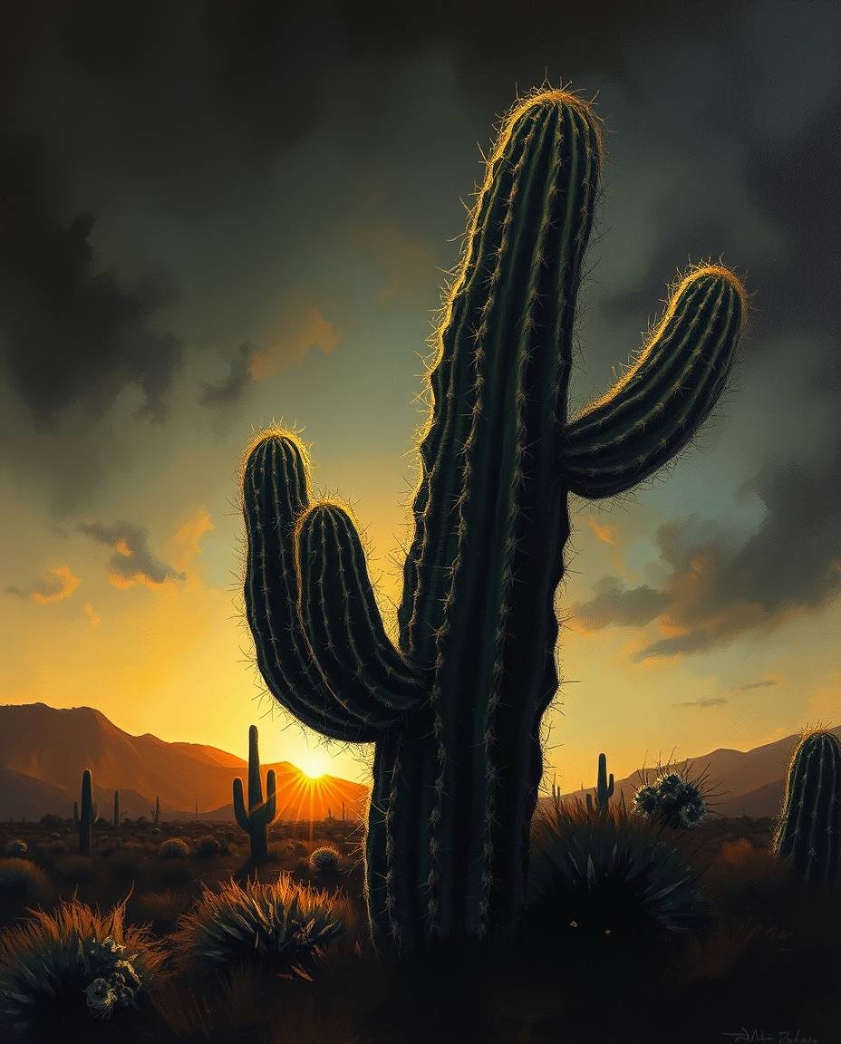 A classic oil painting captures an eerie and creepy desert cactus glowing in the last rays of the sun. The artwork is defined