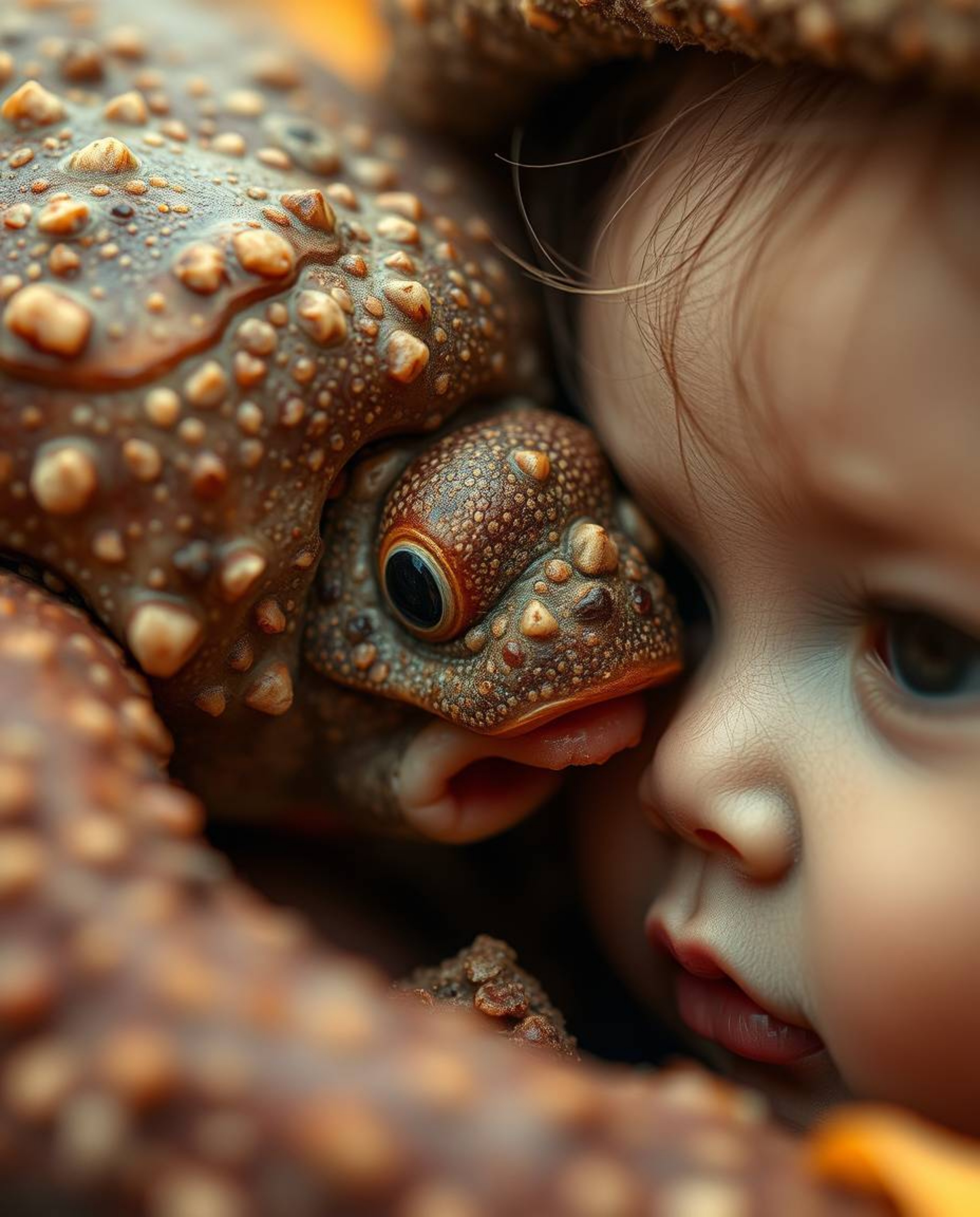An extreme macro close-up captures a heartwarming scene of a sea creature and a child interacting. The image is bathed in war