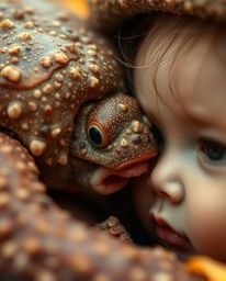 An extreme macro close-up captures a heartwarming scene of a sea creature and a child interacting. The image is bathed in war