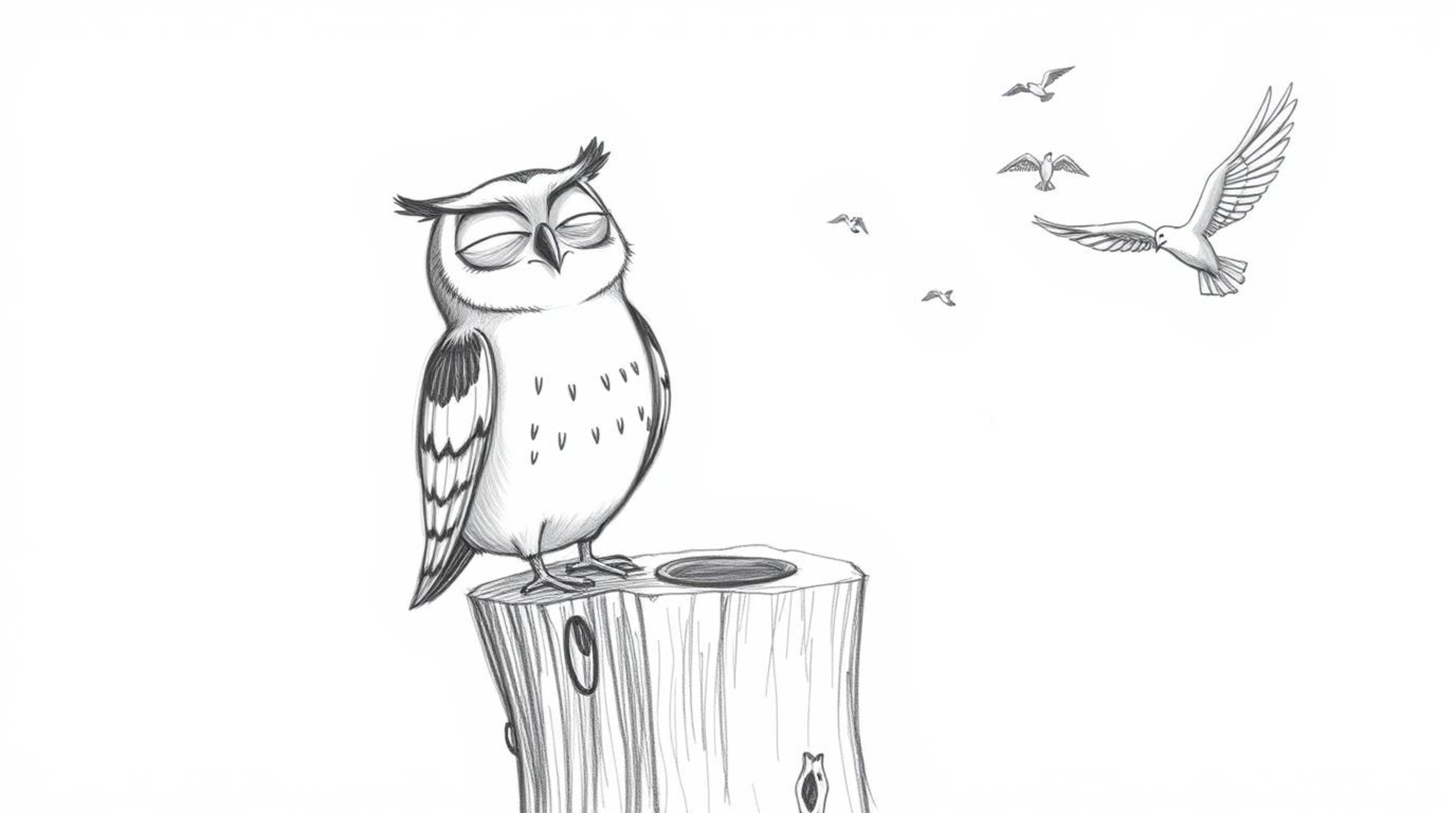 A heartwarming, Pixar-style image depicting a blind owl with a cheerful smile, perched on a textured tree stump.  He watches 