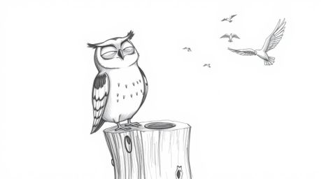 A heartwarming, Pixar-style image depicting a blind owl with a cheerful smile, perched on a textured tree stump.  He watches 