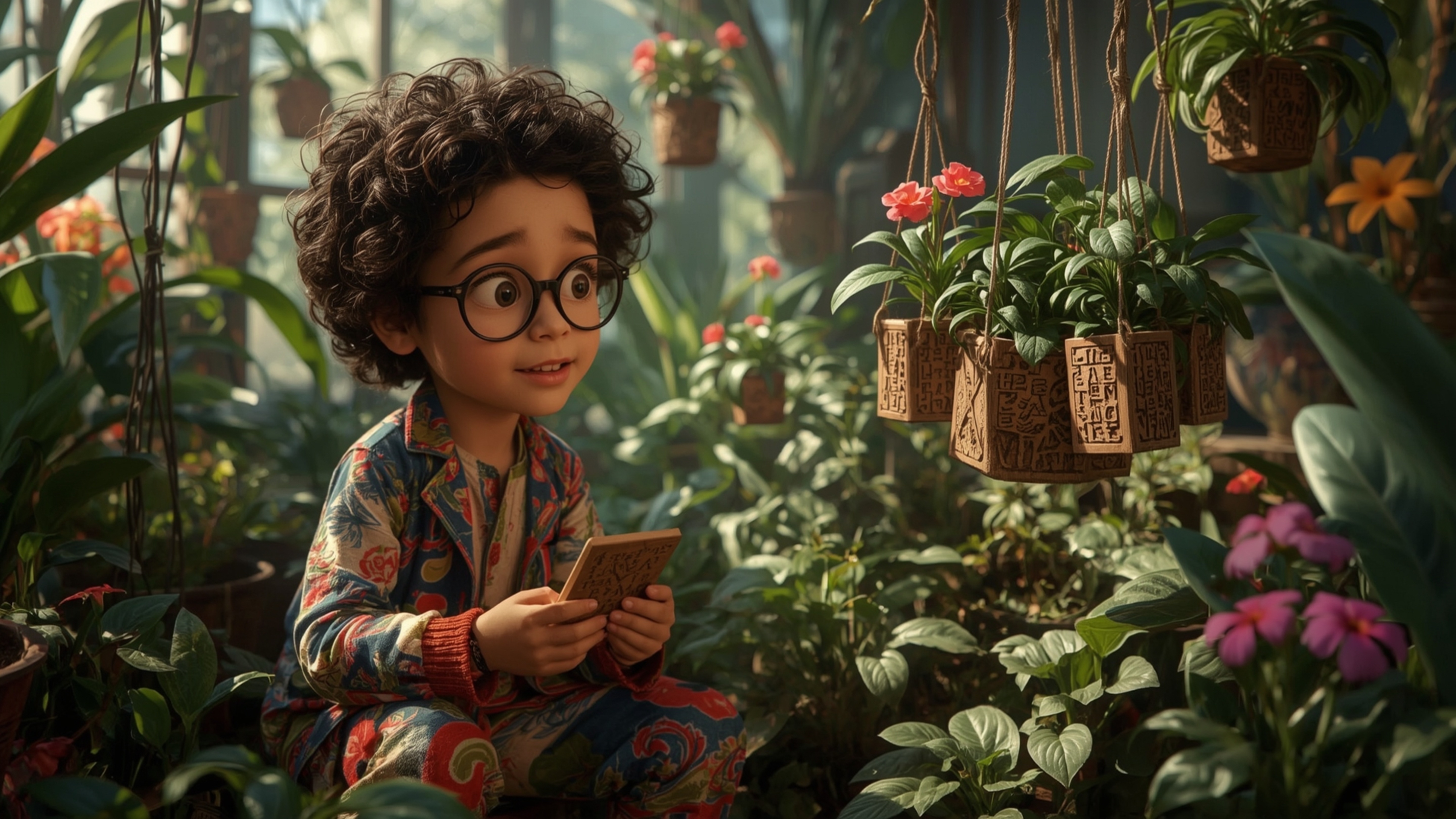 A highly detailed, high-resolution stock photo features a bespectacled, curly-haired young prodigy in a colorful, whimsical o
