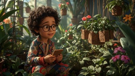 A highly detailed, high-resolution stock photo features a bespectacled, curly-haired young prodigy in a colorful, whimsical o