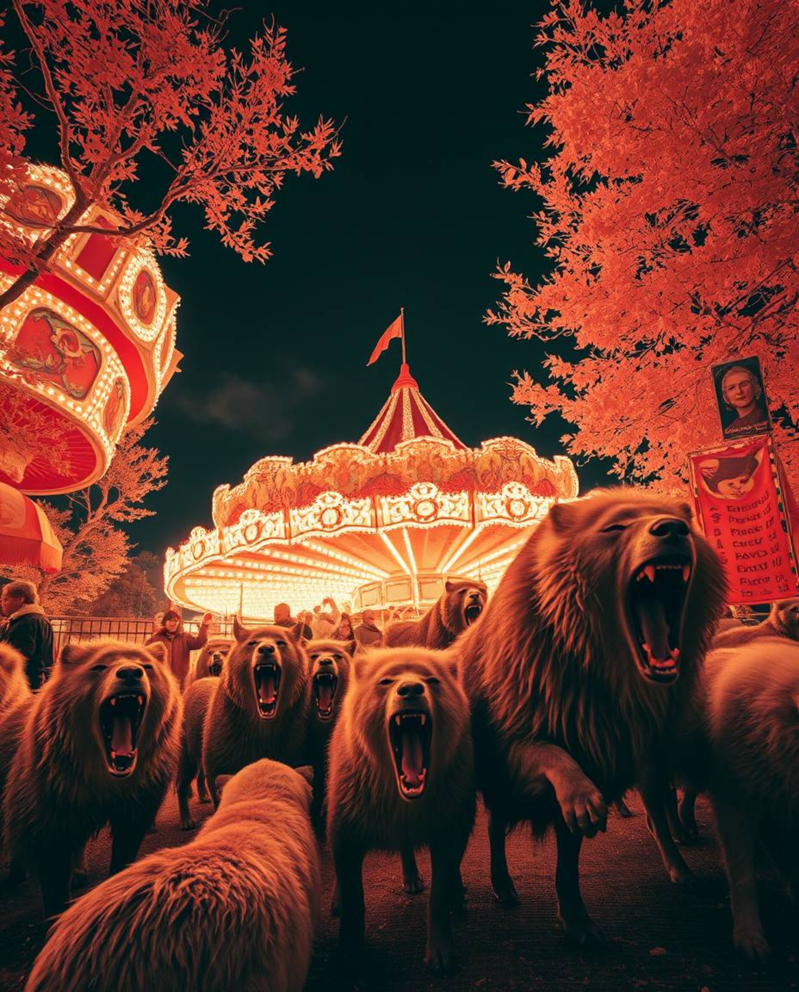 Explore a surreal and captivating scene captured through infrared photography: a carnival overtaken by wild animals. This ima