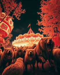 Explore a surreal and captivating scene captured through infrared photography: a carnival overtaken by wild animals. This ima