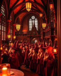 A captivating close-up showcases a magical school brimming with young wizards.  Warm reds, oranges, and yellows create a welc