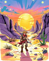 Embark on a thrilling Disney-style desert adventure with a brave hero, beautifully illustrated in a hand-drawn color sketchno