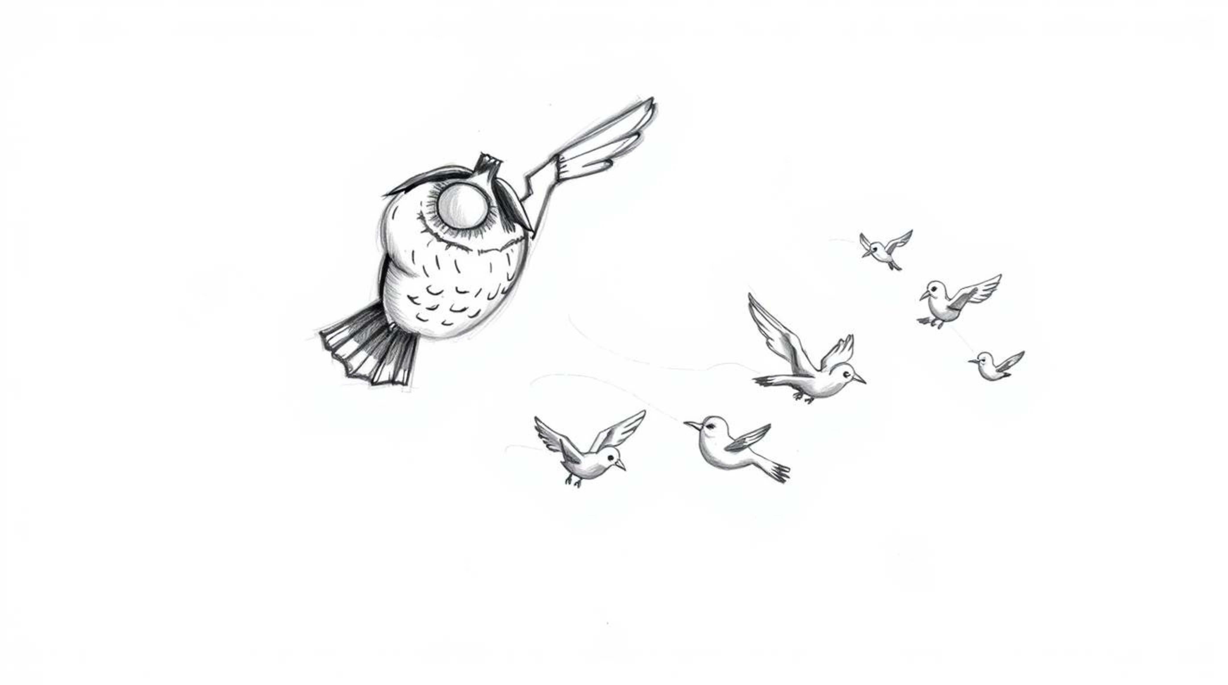 A hand-drawn sketch in the style of Pixar presents a heartwarming scene: a blind owl, defying expectations, is mid-flight, gu