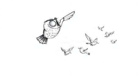 A hand-drawn sketch in the style of Pixar presents a heartwarming scene: a blind owl, defying expectations, is mid-flight, gu