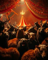 Experience a unique carnival scene overtaken by wild animals, bathed in warm autumn colors and intense dramatic lighting. The