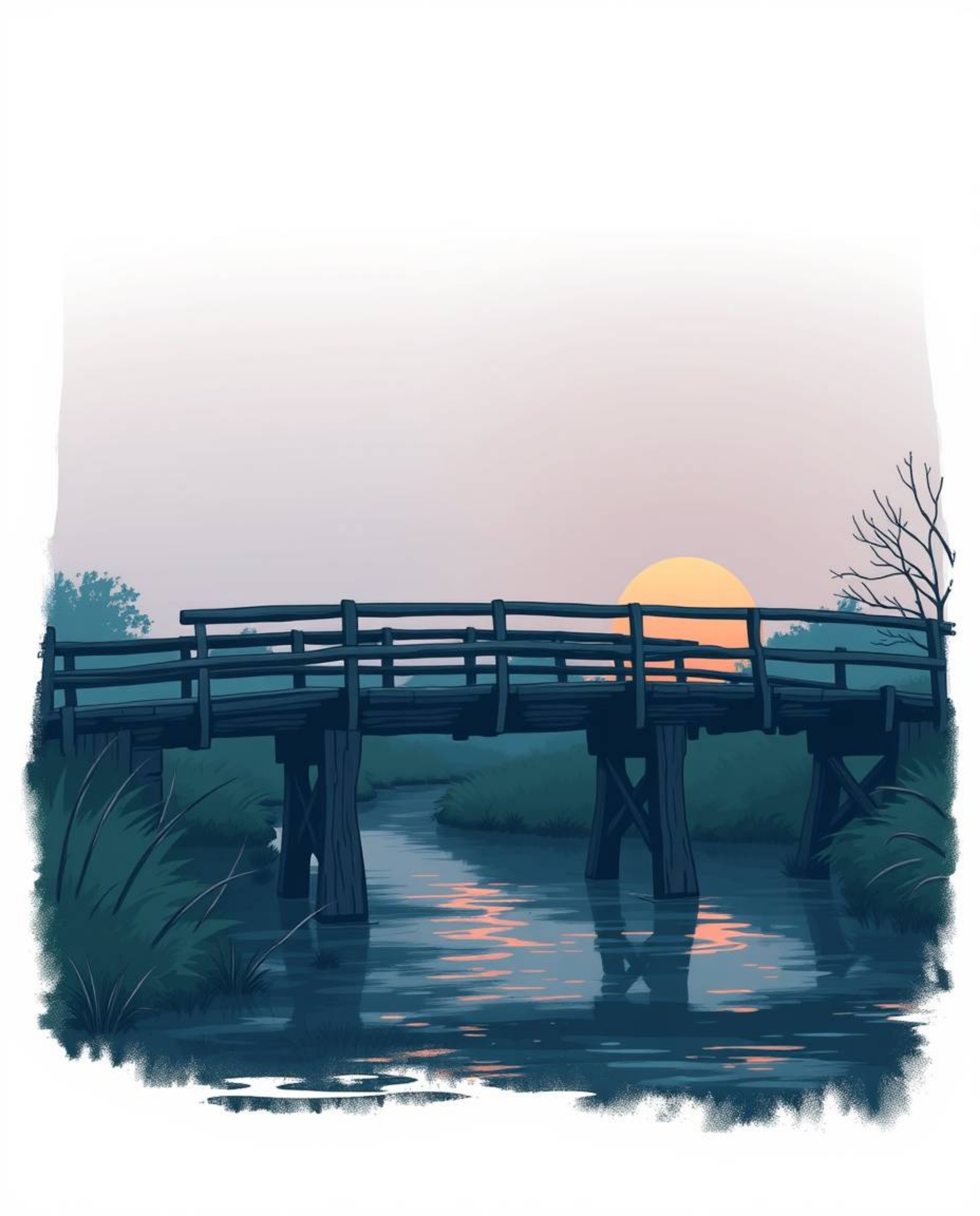This is an illustration of a cool-toned old wooden bridge over a river at sunset. The artwork features a calming palette of b
