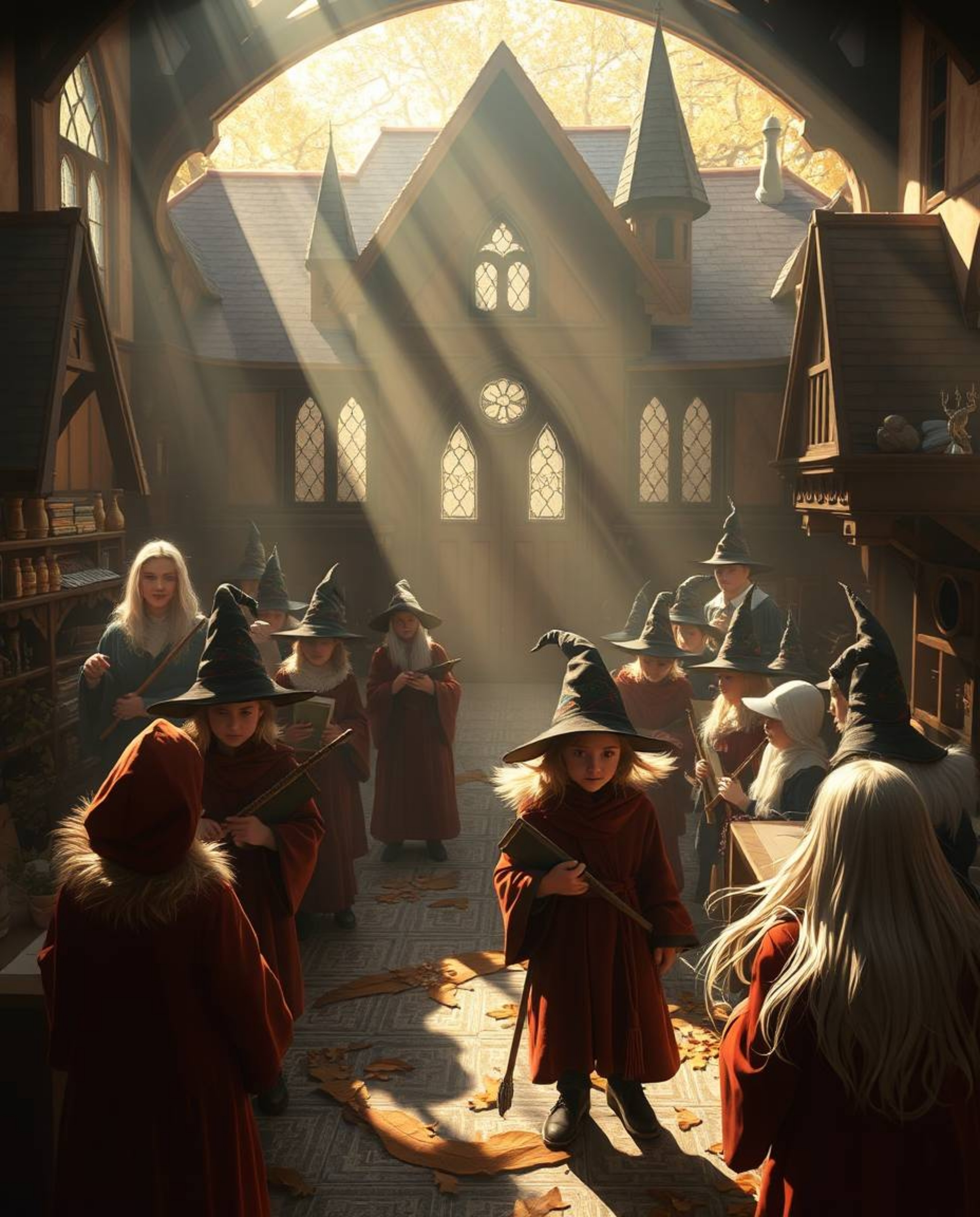 Discover a captivating digital painting of a magical school brimming with young wizards.  Rendered in warm autumnal hues with