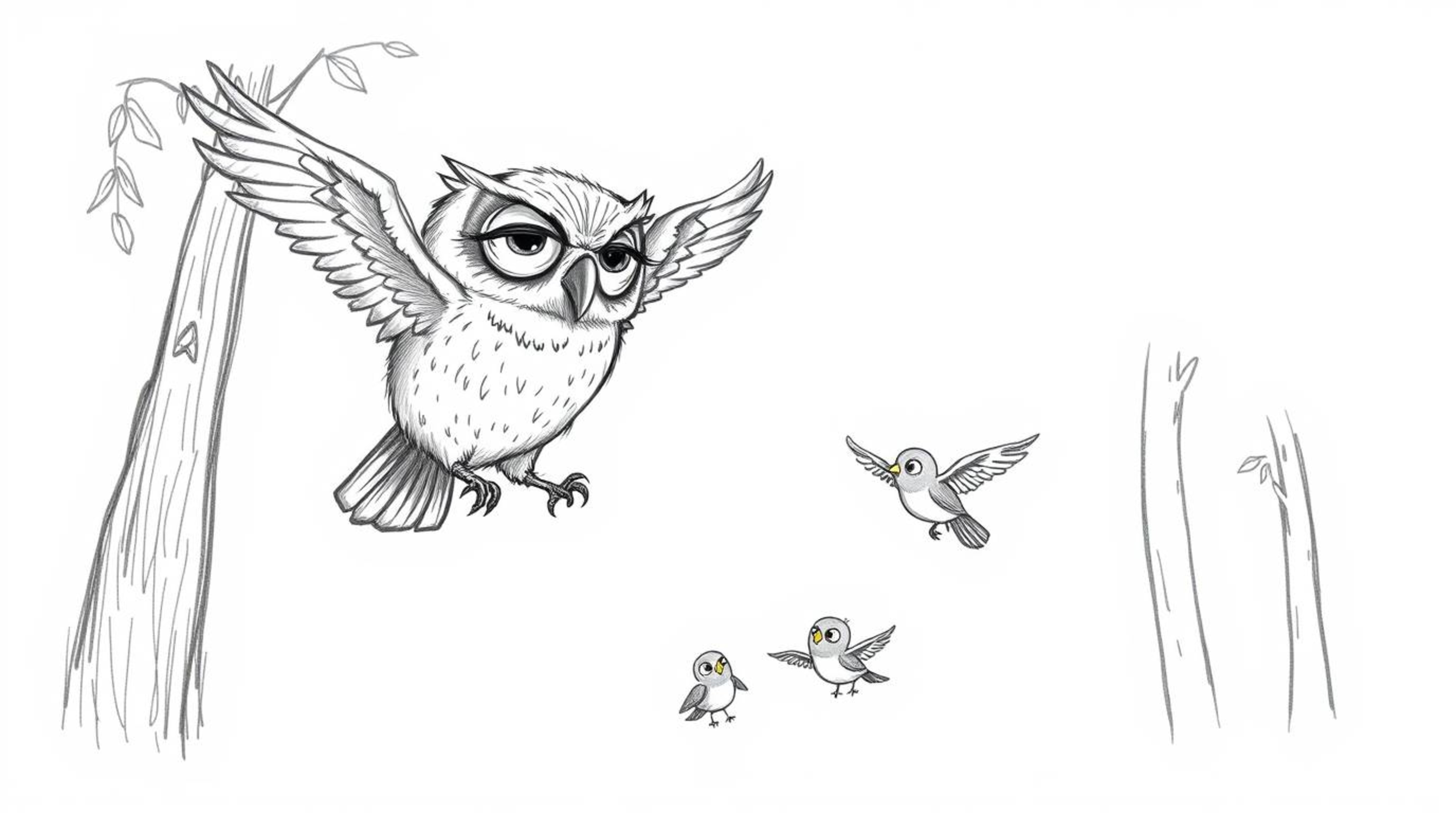 A heartwarming hand-drawn illustration in the style of Pixar depicts a blind owl with large, expressive eyes patiently teachi