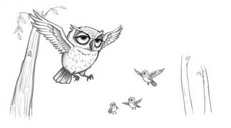 A heartwarming hand-drawn illustration in the style of Pixar depicts a blind owl with large, expressive eyes patiently teachi
