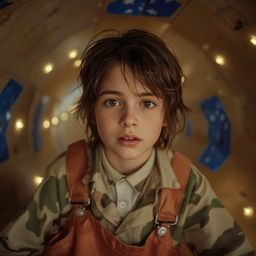 Exquisite high-fashion photography captures a boy with a curious expression building a functional cardboard spaceship.  The P