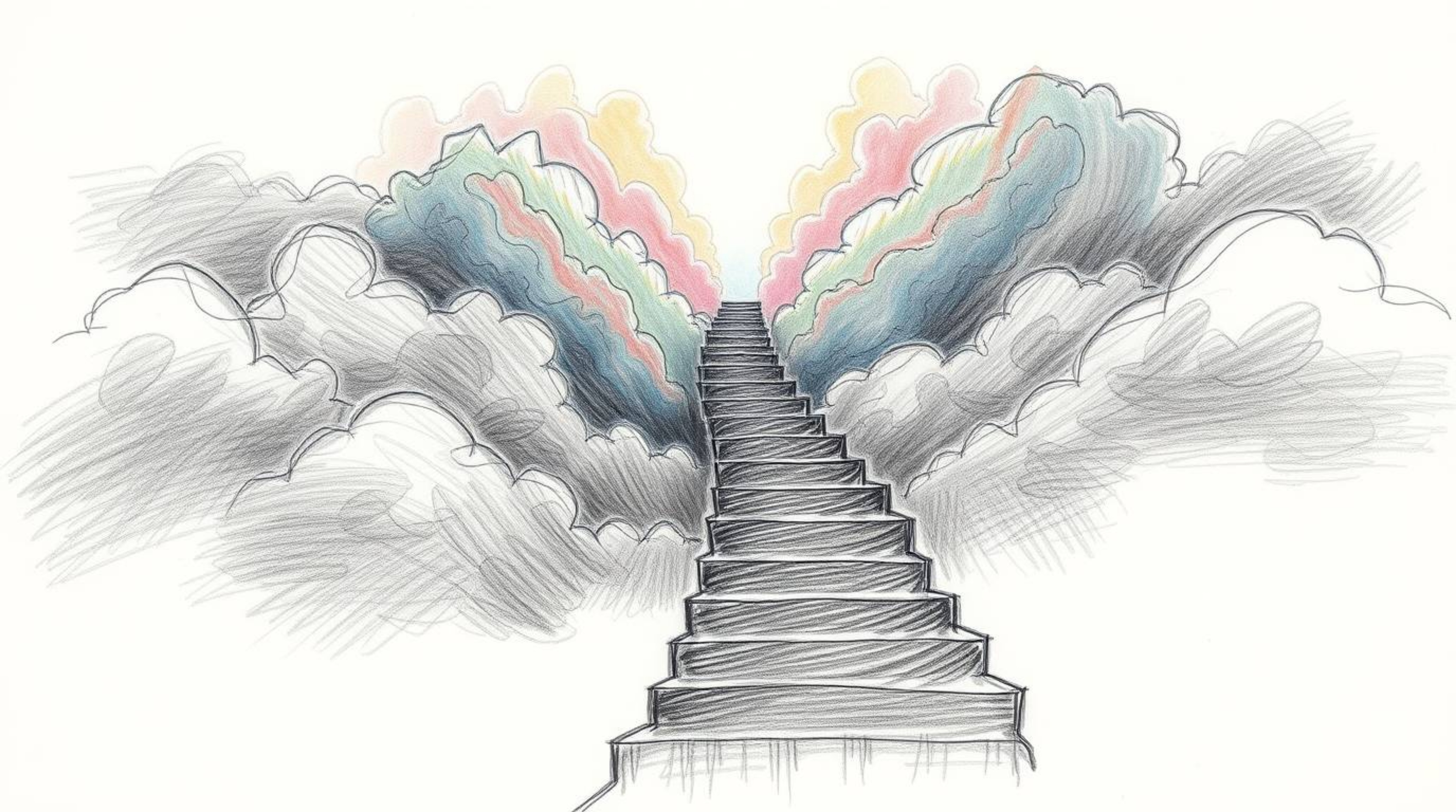 A captivating hand-drawn sketch showcasing a surreal stairway winding through smoky clouds towards a radiant celestial light,