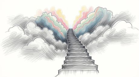 A captivating hand-drawn sketch showcasing a surreal stairway winding through smoky clouds towards a radiant celestial light,