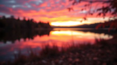 Capture the serene beauty of a lake reflecting a vibrant autumn sunset. This image features warm, earthy tones, soft light, a