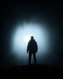 A captivating image depicting a mysterious figure standing at the edge of a tunnel, gazing towards a distant light obscured b