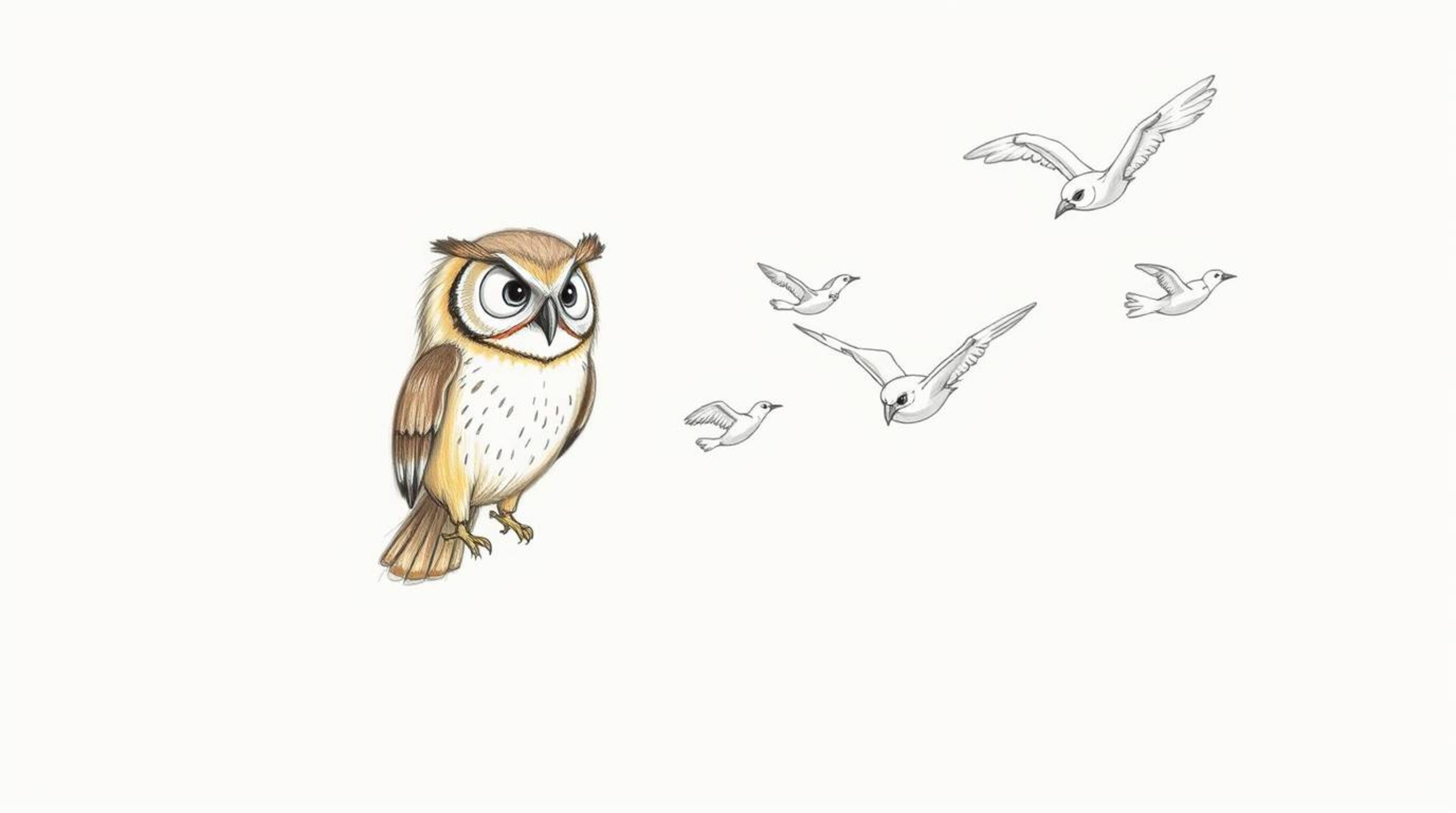 A heartwarming hand-drawn sketch in the style of Pixar depicts a blind owl with warm brown feathers and gentle features actin