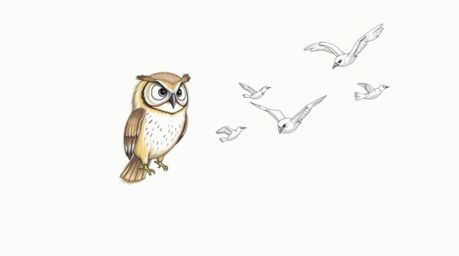 A heartwarming hand-drawn sketch in the style of Pixar depicts a blind owl with warm brown feathers and gentle features actin