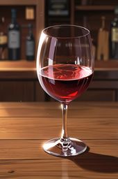 A captivating image showcasing a crystal wine glass filled with deep red wine. The glass rests elegantly on a polished wooden