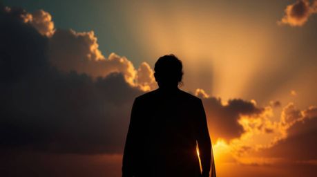 This image captures an ethereal silhouette of a figure, spiritually evocative against the backdrop of thunderstorm clouds ill