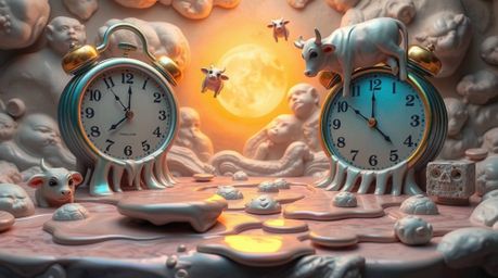 Discover a mesmerizing surreal dreamscape featuring melting clocks and floating cows, crafted as stunning sculptural clay art