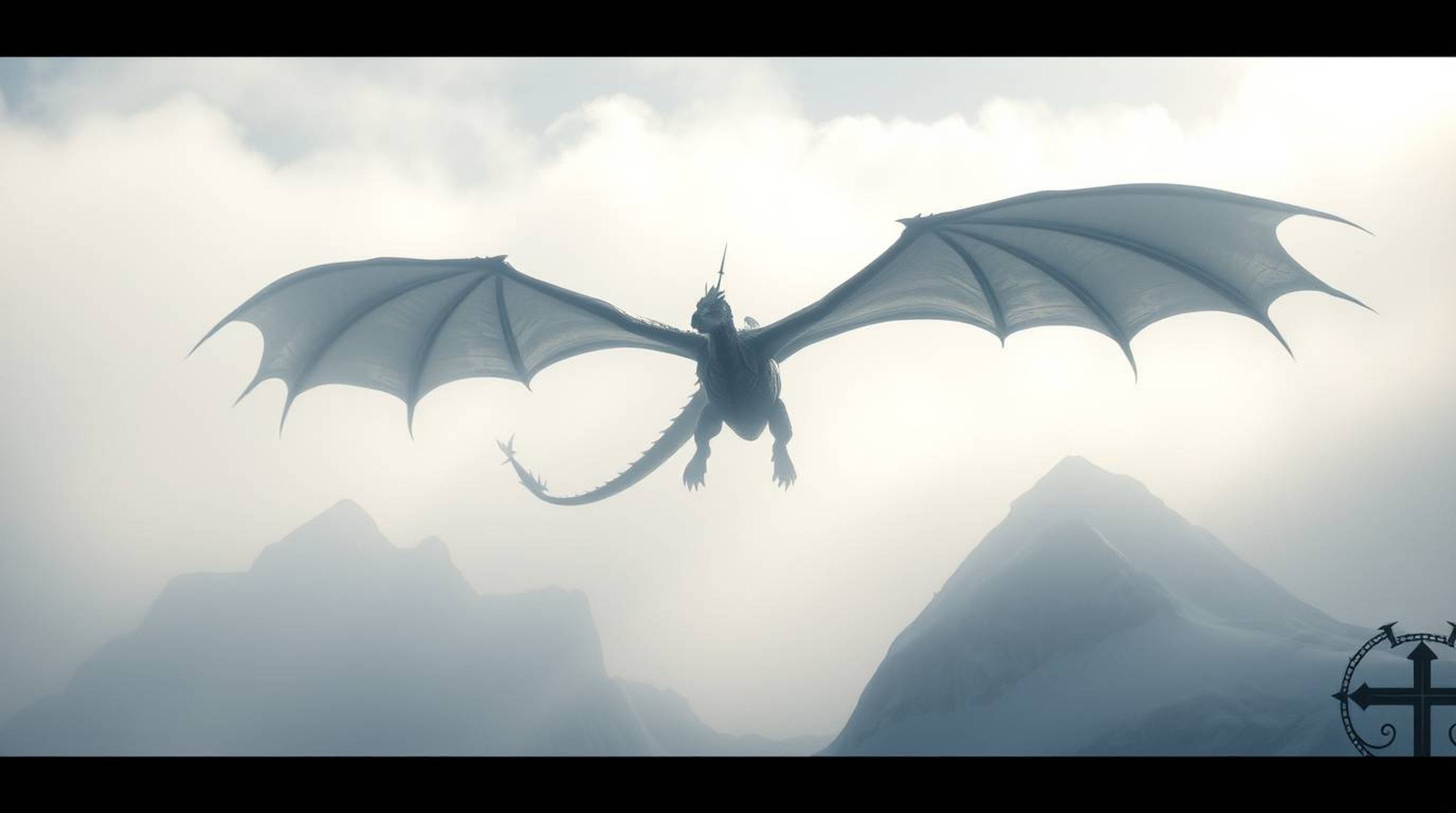 A breathtaking extreme macro close-up depicts a dragon and its rider soaring through thick fog above a majestic range of icy 