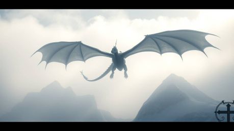 A breathtaking extreme macro close-up depicts a dragon and its rider soaring through thick fog above a majestic range of icy 