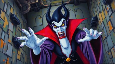 A bold acrylic painting showcasing a classic Disney villain with sharp features and pale skin, casting a spell within an old,