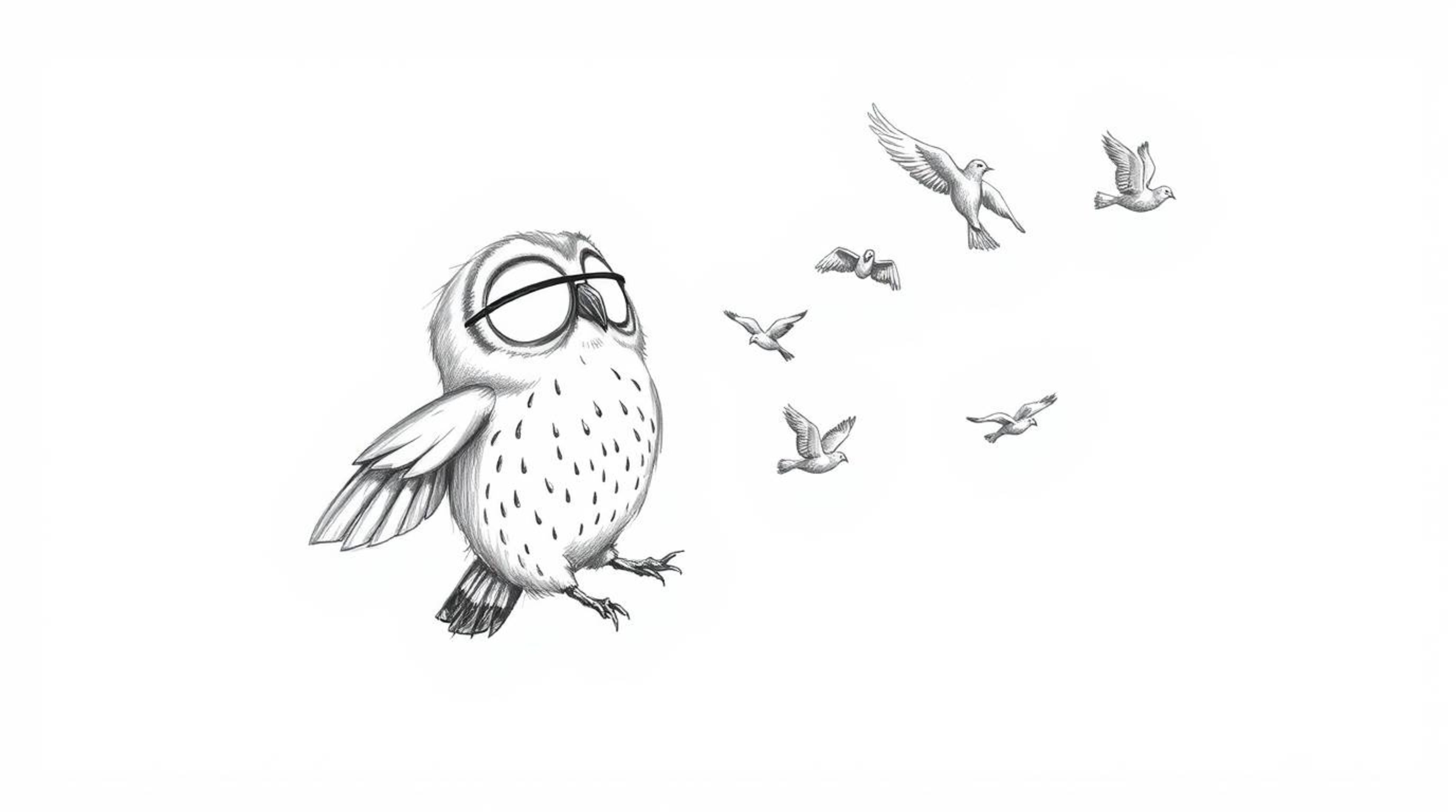 A charming Pixar-style hand-drawn sketch depicts a blind owl with soft features gently guiding several birds in flight.  The 
