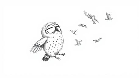 A charming Pixar-style hand-drawn sketch depicts a blind owl with soft features gently guiding several birds in flight.  The 