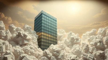 A captivating and surreal artwork featuring a modern glass building seamlessly dissolving into a sky of soft clouds, meticulo