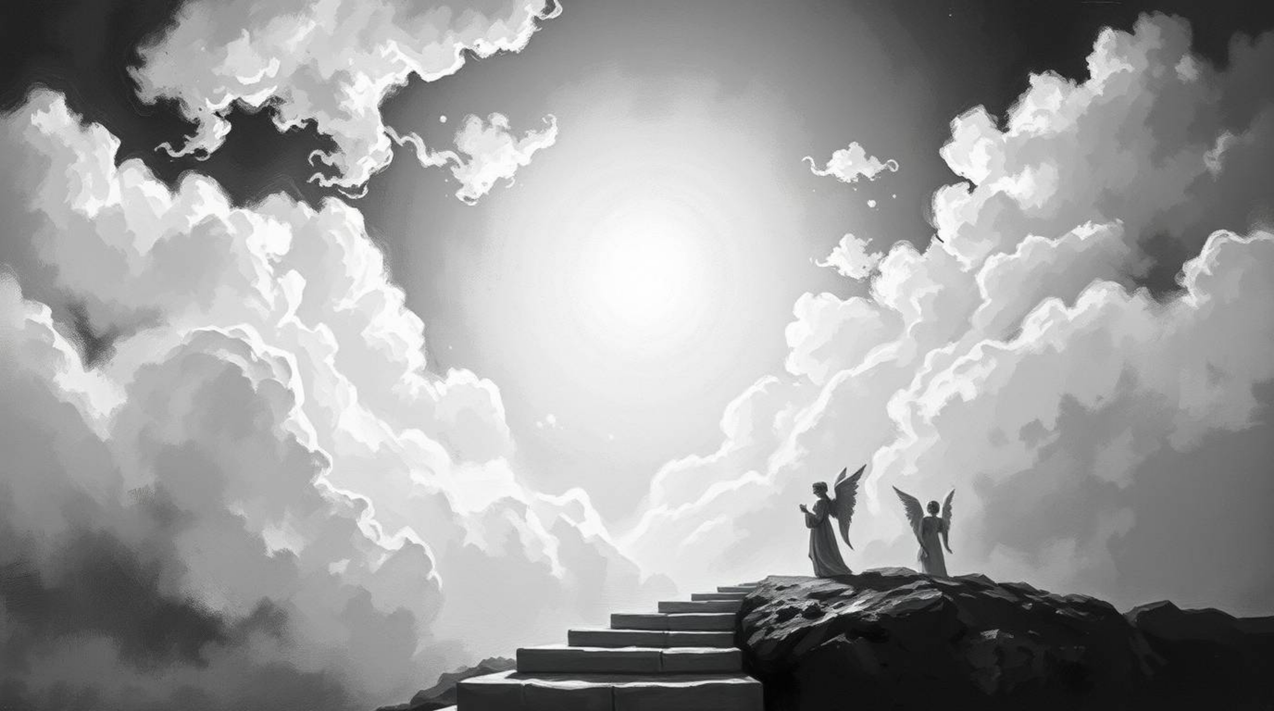 A classic black and white oil painting depicting steps of light ascending into a cloudy sky evokes a sense of timeless elegan