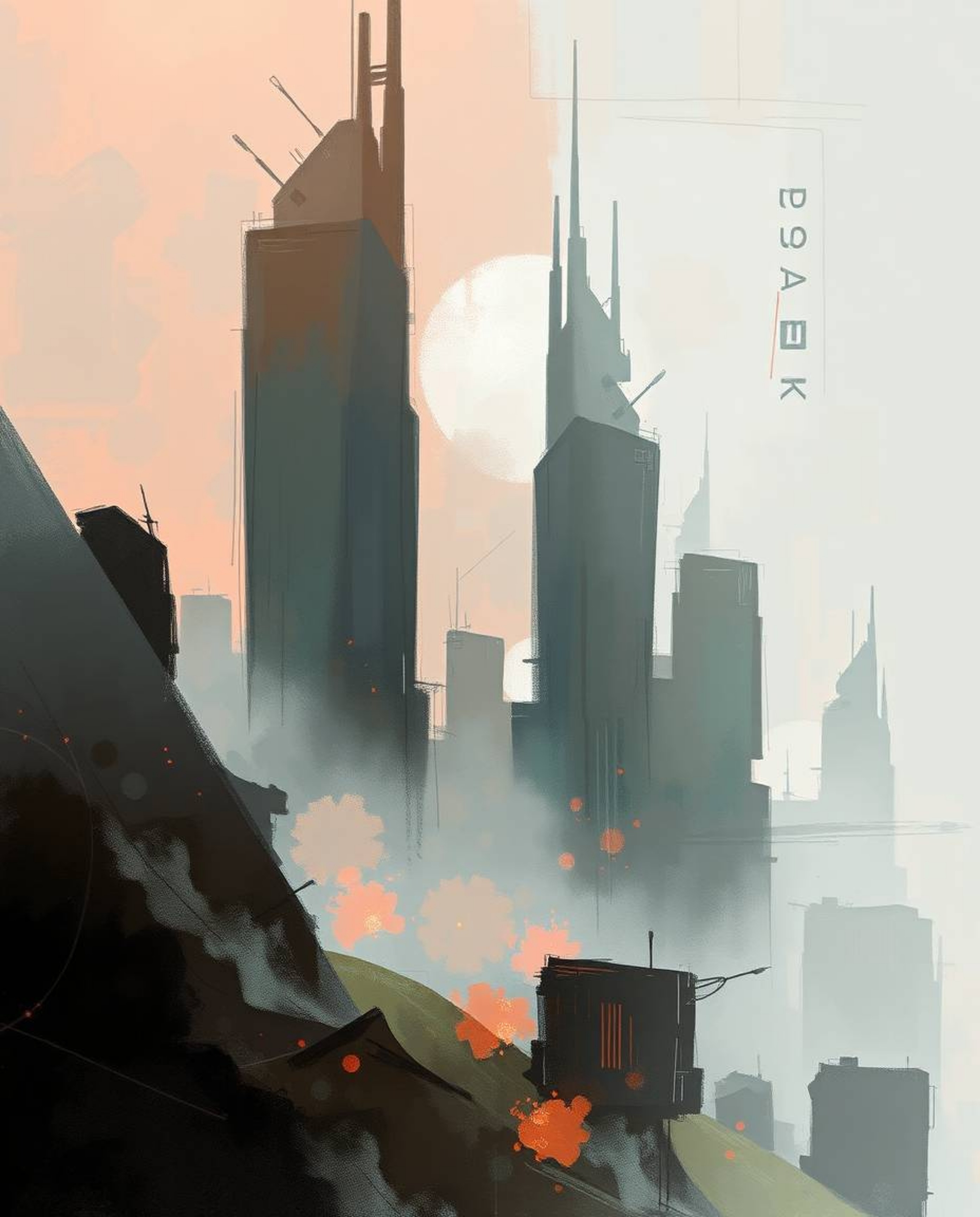 A digital sketch, rendered in a painterly style, presents a glitchy digital landscape featuring distorted skyscrapers envelop