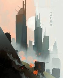 A digital sketch, rendered in a painterly style, presents a glitchy digital landscape featuring distorted skyscrapers envelop