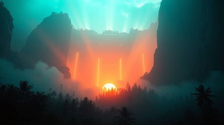 A breathtaking 16:9 cinematic scene featuring volumetric lighting, a rich teal hue, and modern futuristic elements.  Heroic s