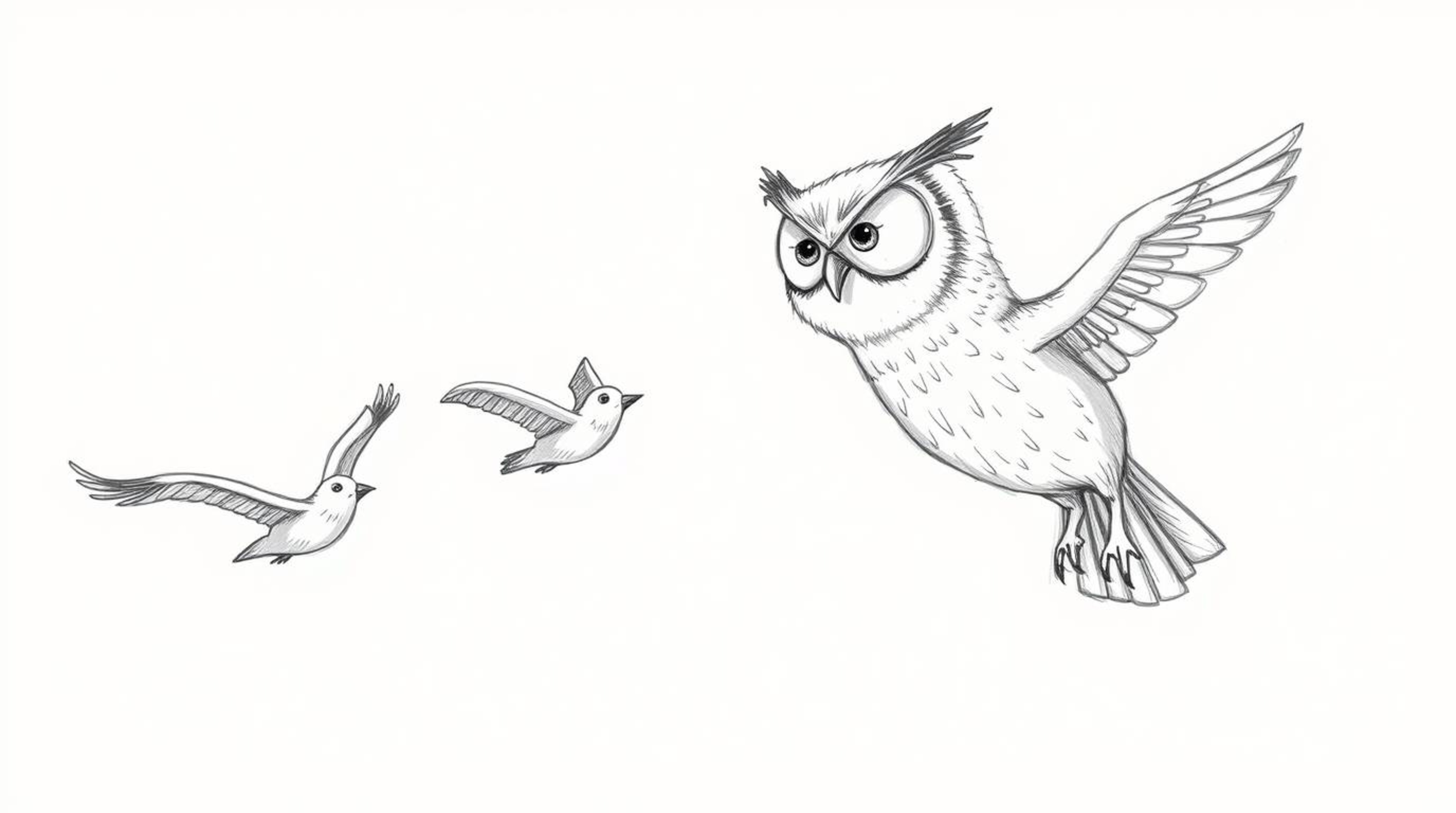 A heartwarming hand-drawn sketch in the style of Pixar depicts a blind owl with soft, expressive features dedicatedly teachin