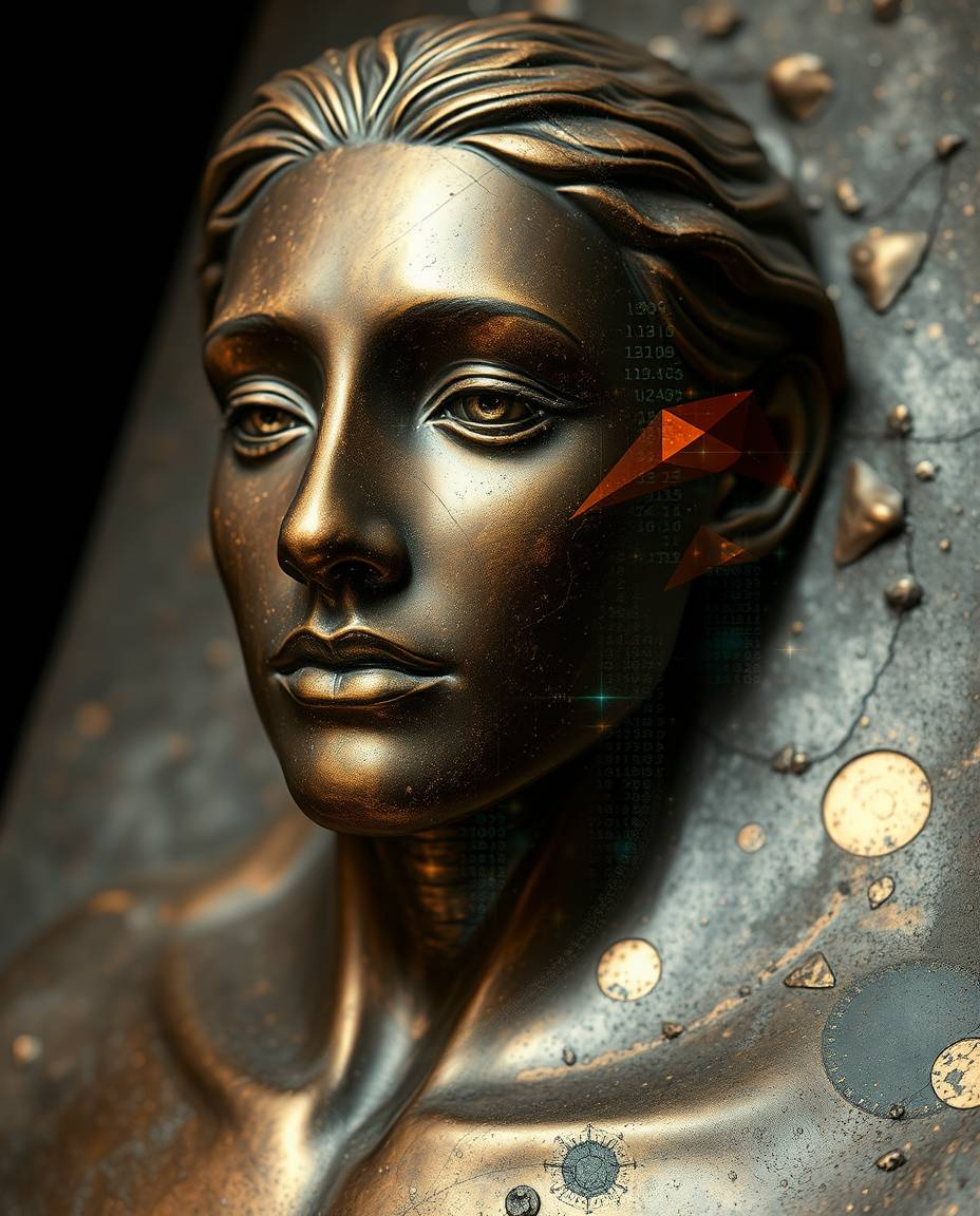 Experience an ethereal vibe with this cast bronze surface, featuring a human face digitally glitching into a data stream. The