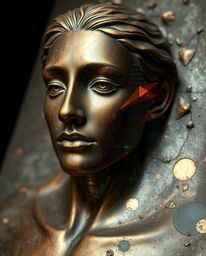 Experience an ethereal vibe with this cast bronze surface, featuring a human face digitally glitching into a data stream. The