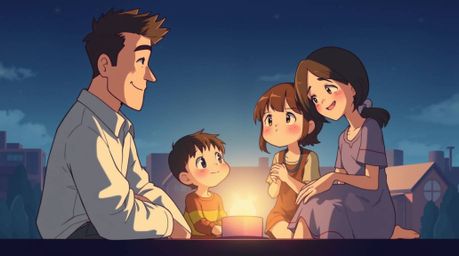 Experience a heartwarming family reunion in this gently lit, anime-style Isekai illustration reminiscent of Pixar. The artwor