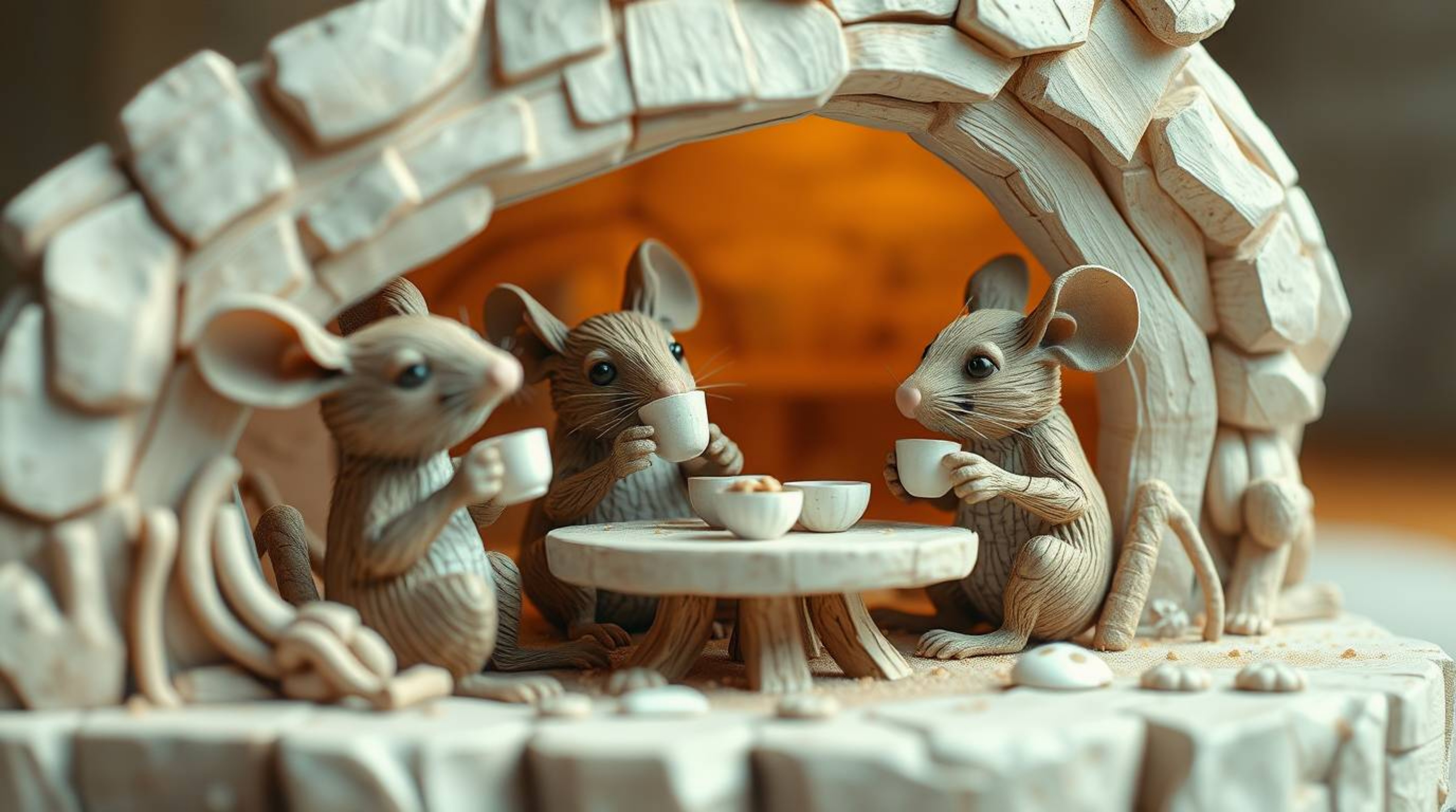A captivating digital sculpture showcases anthropomorphic mice enjoying a tea party in a cozy cottage.  Crafted from layered 