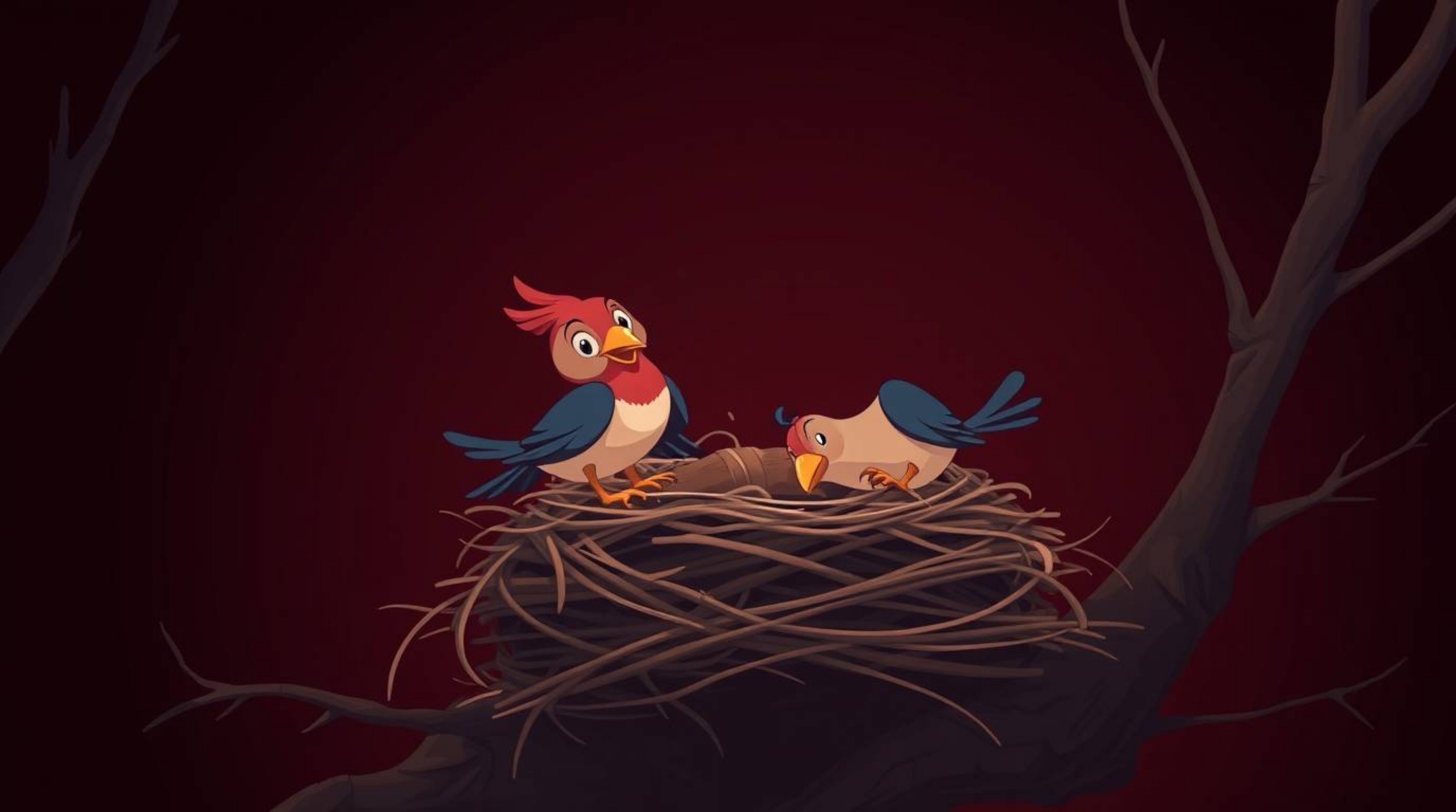 A fine art photograph capturing the whimsical scene of two cartoon birds diligently building a nest, rendered in the charming